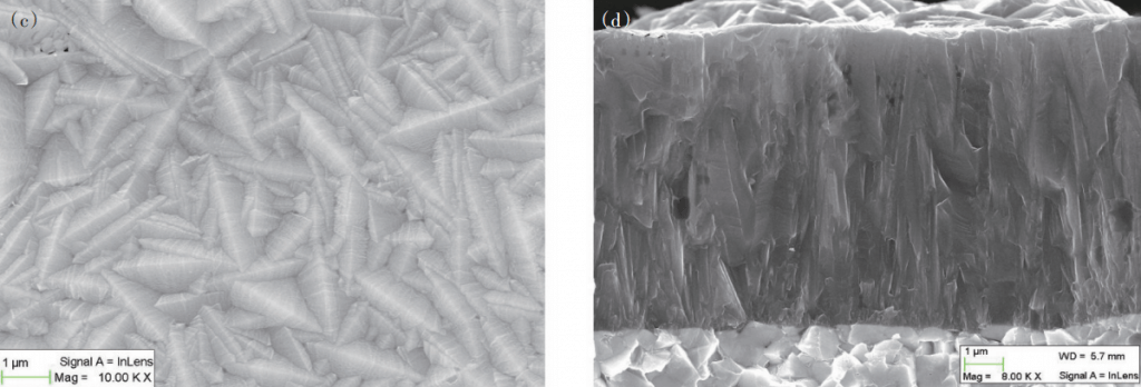 SEM surface images and fracture cross sections of test coatings