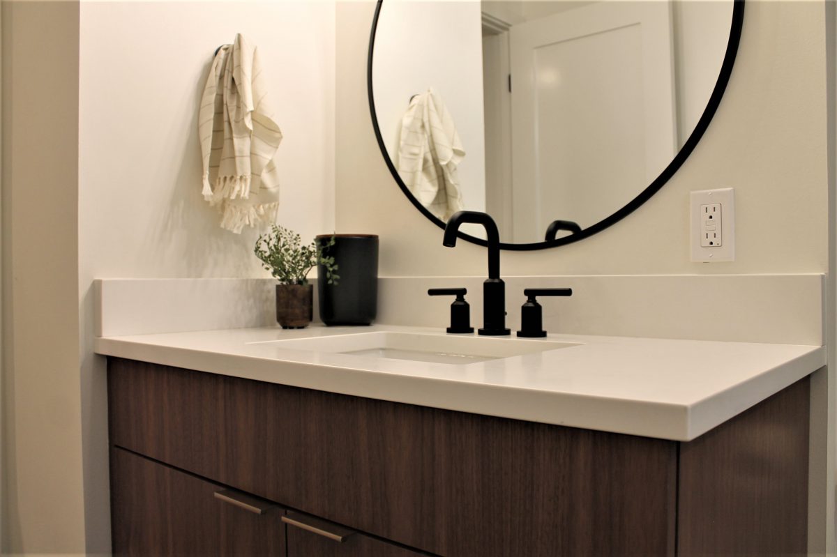 modern bathroom, black and brass fixtures, new home