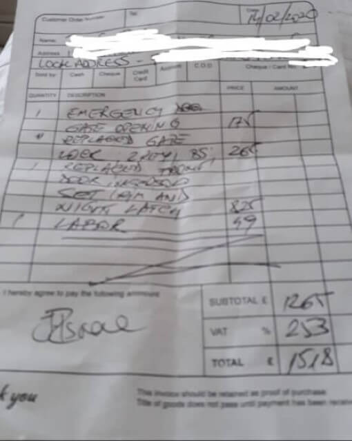 Dodgy Locksmith Invoice